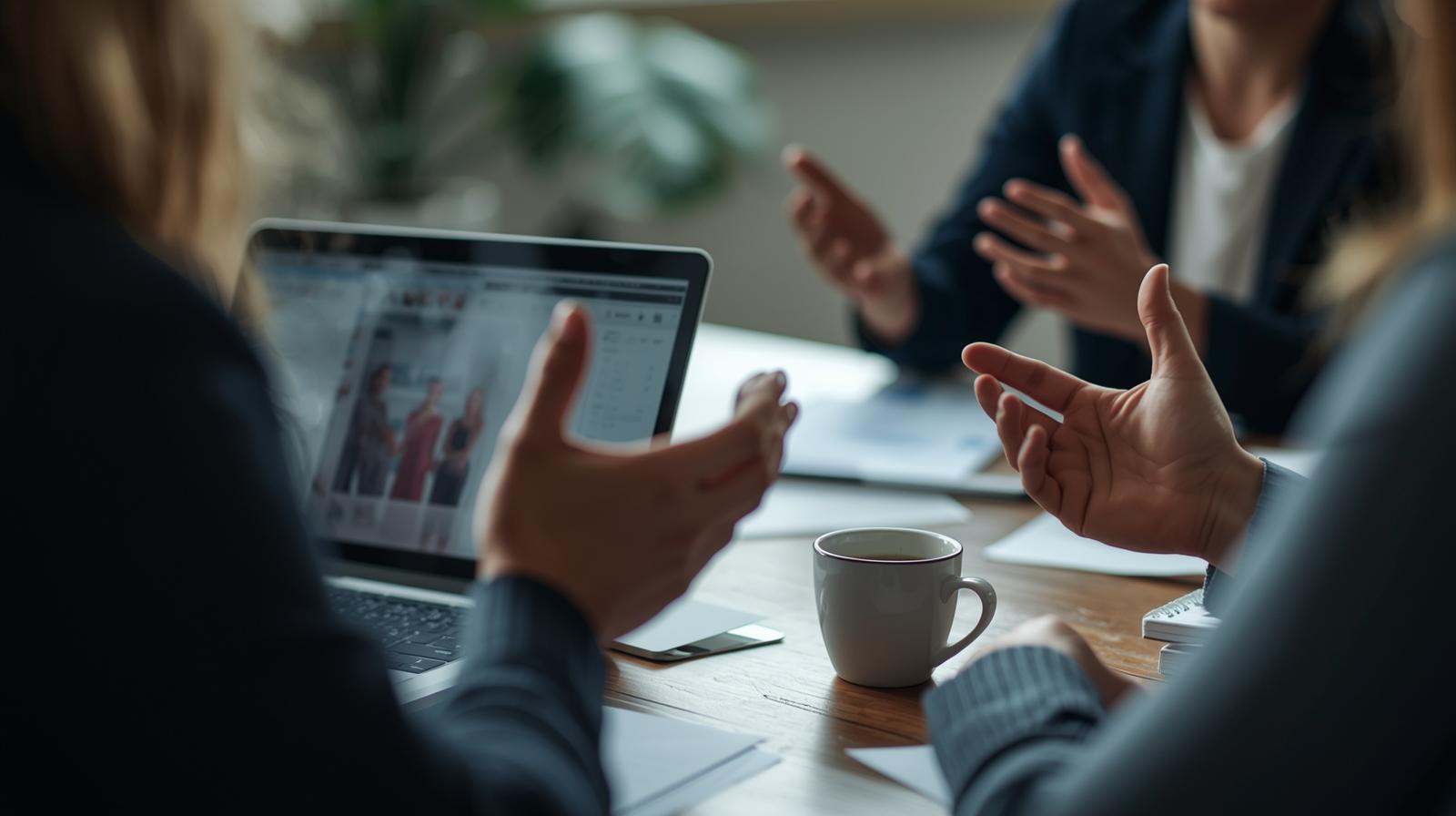 Scrivania durante un colloquio di lavoro, con laptop, documenti e mani sfocate di persone che parlano.